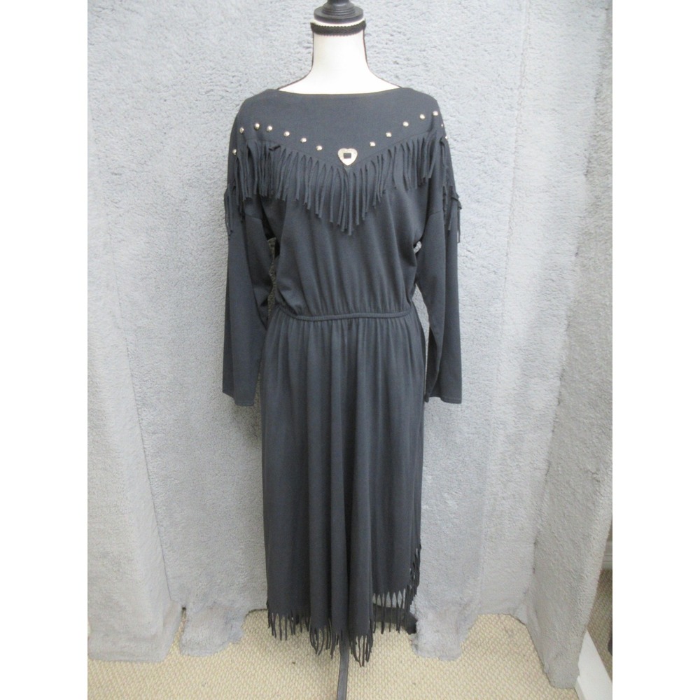 Vintage Sas'sa Western Fringe Maxi Dress Women 13/14 Black Coastal Cowgirl Rodeo